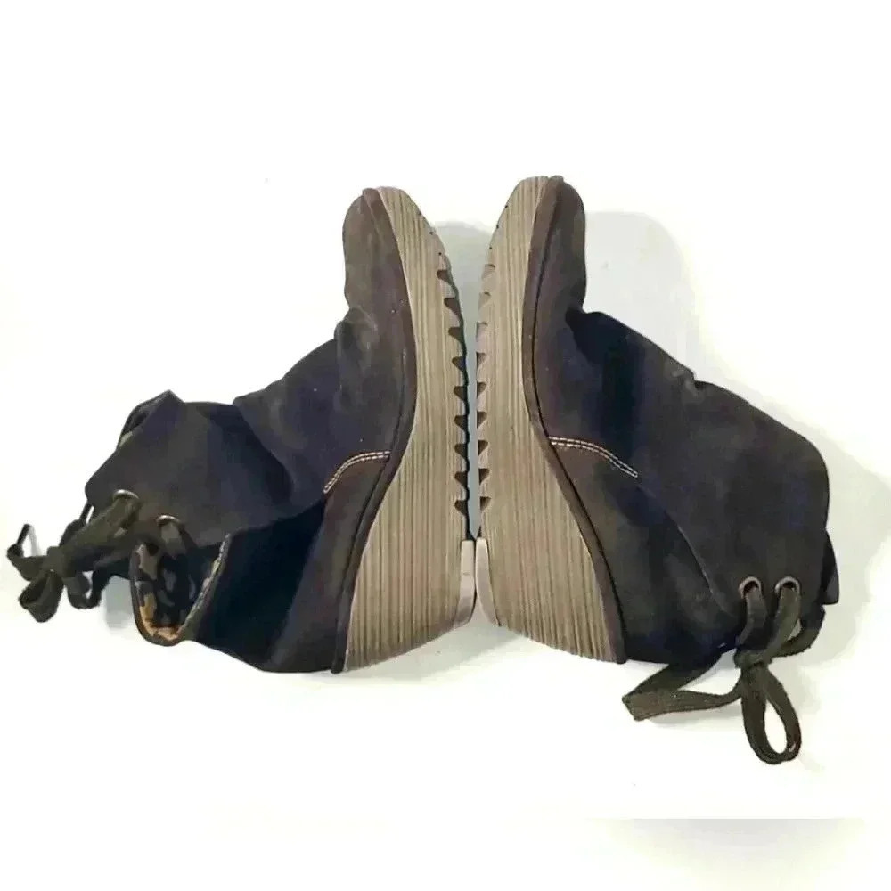 Fly London Yama Wedge Suede Army Green Lace Strap Ankle Bootie Sz7.5/ 8 US